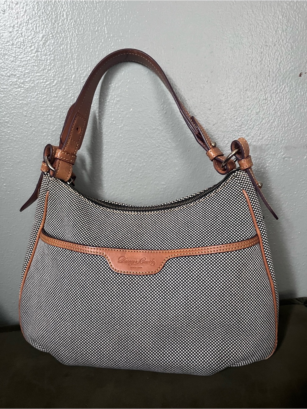 Dooney & Bourke Black & White Canvas Shoulder Bag with Brown Leather Trim